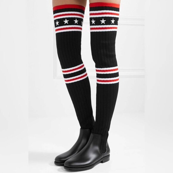 Givenchy Black Over-the-Knee Star & Stripe Sock Rain Boots - Picture 1 of 10